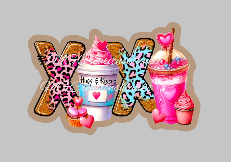 Hugh and kisses clear acrylic blanks for badge reels with matching vinyl decal, XOXO acrylic blank, decal, vinyl decal, XOXO Valentine drinks, heart acrylic blank