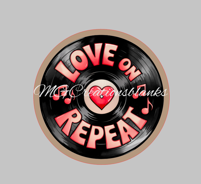 Love on repeat clear acrylic blank for badge reels with matching vinyl decal, Valentine cat acrylic blank,Vinyl disc valentine decal, valentine vinyl decal, Valentine acrylic blank
