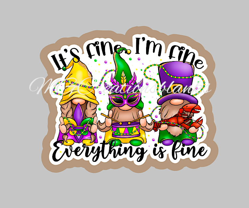 Mardi grass gnomes clear acrylic blanks for badge reels with matching vinyl decal, acrylic blank, decal, vinyl decal, Mardi gras gnomes acrylic blank, I'm fine, everything is fine