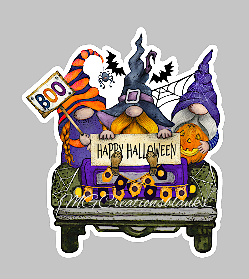 Halloween truck clear acrylic blanks for badge reels with matching vinyl decal, halloween gnome acrylic blank, halloween vinyl decal, Halloween gnomes acrylic blank, Happy Halloween gnomes