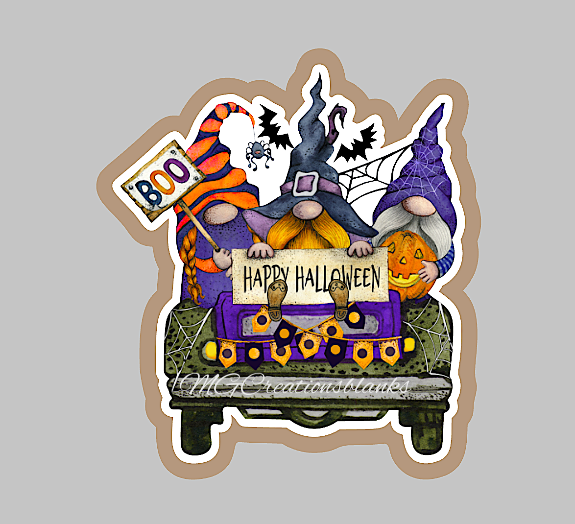 Halloween truck clear acrylic blanks for badge reels with matching vinyl decal, halloween gnome acrylic blank, halloween vinyl decal, Halloween gnomes acrylic blank, Happy Halloween gnomes