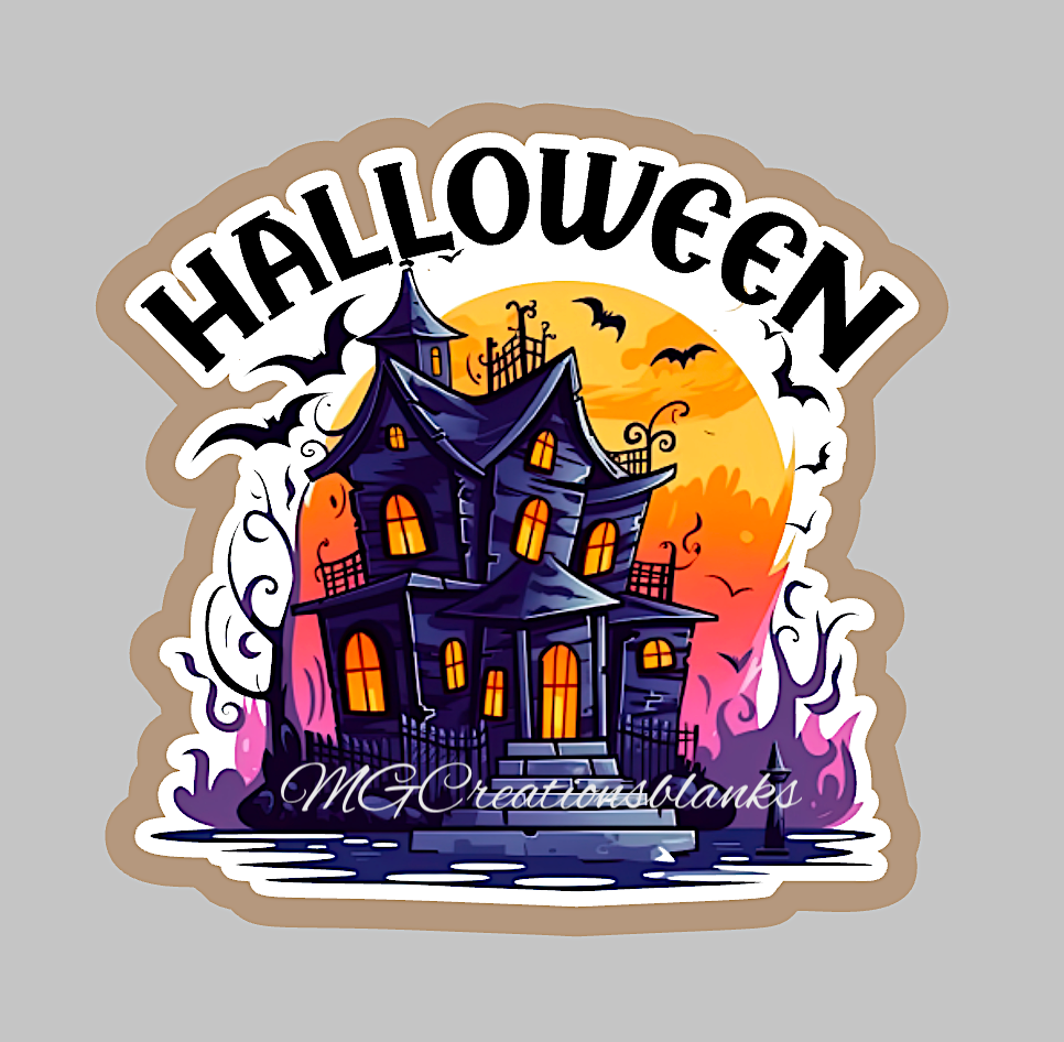 Halloween haunted house clear acrylic blanks for badge reels with matching vinyl decal, acrylic blank, decal, vinyl decal, Halloween haunted. house acrylic blank, Haunted house