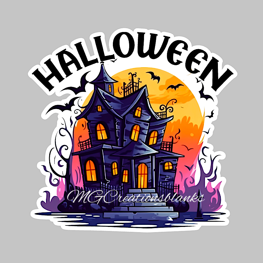 Halloween haunted house clear acrylic blanks for badge reels with matching vinyl decal, acrylic blank, decal, vinyl decal, Halloween haunted. house acrylic blank, Haunted house