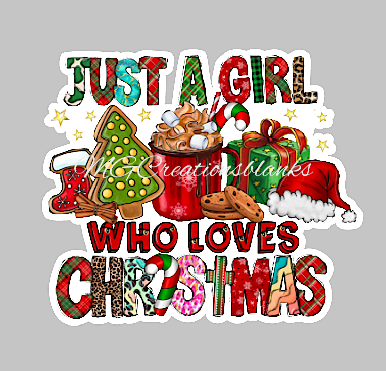 Just a girl who loves christmas clear acrylic blank for badge reel with matching vinyl decal, acrylic blank, decal, vinyl decal, Just a girl who loves christmas decal, Christmas acrylic, acrylic blank