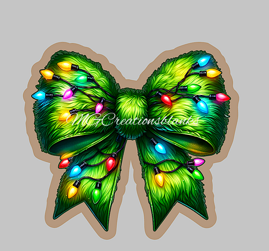 Christmas green bow clear acrylic blank for badge reel with matching vinyl decal, acrylic blank, Christmas bow decal, vinyl decal, Christmas lights bow