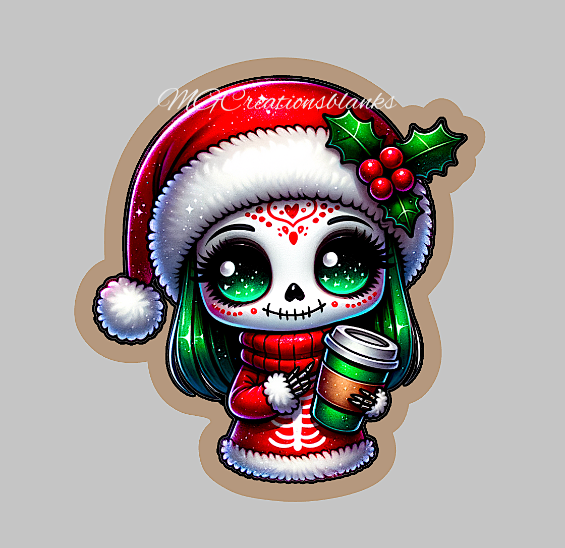 Christmas skeleton girl clear acrylic blank for badge reel with matching vinyl decal, acrylic blank, skeleton decal, vinyl decal, Christmas skeleton clear acrylic, Skeleton doll clear acrylic blank