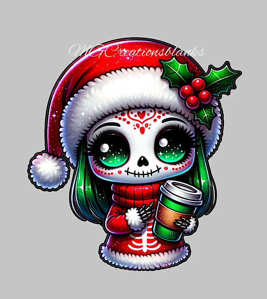 Christmas skeleton girl clear acrylic blank for badge reel with matching vinyl decal, acrylic blank, skeleton decal, vinyl decal, Christmas skeleton clear acrylic, Skeleton doll clear acrylic blank