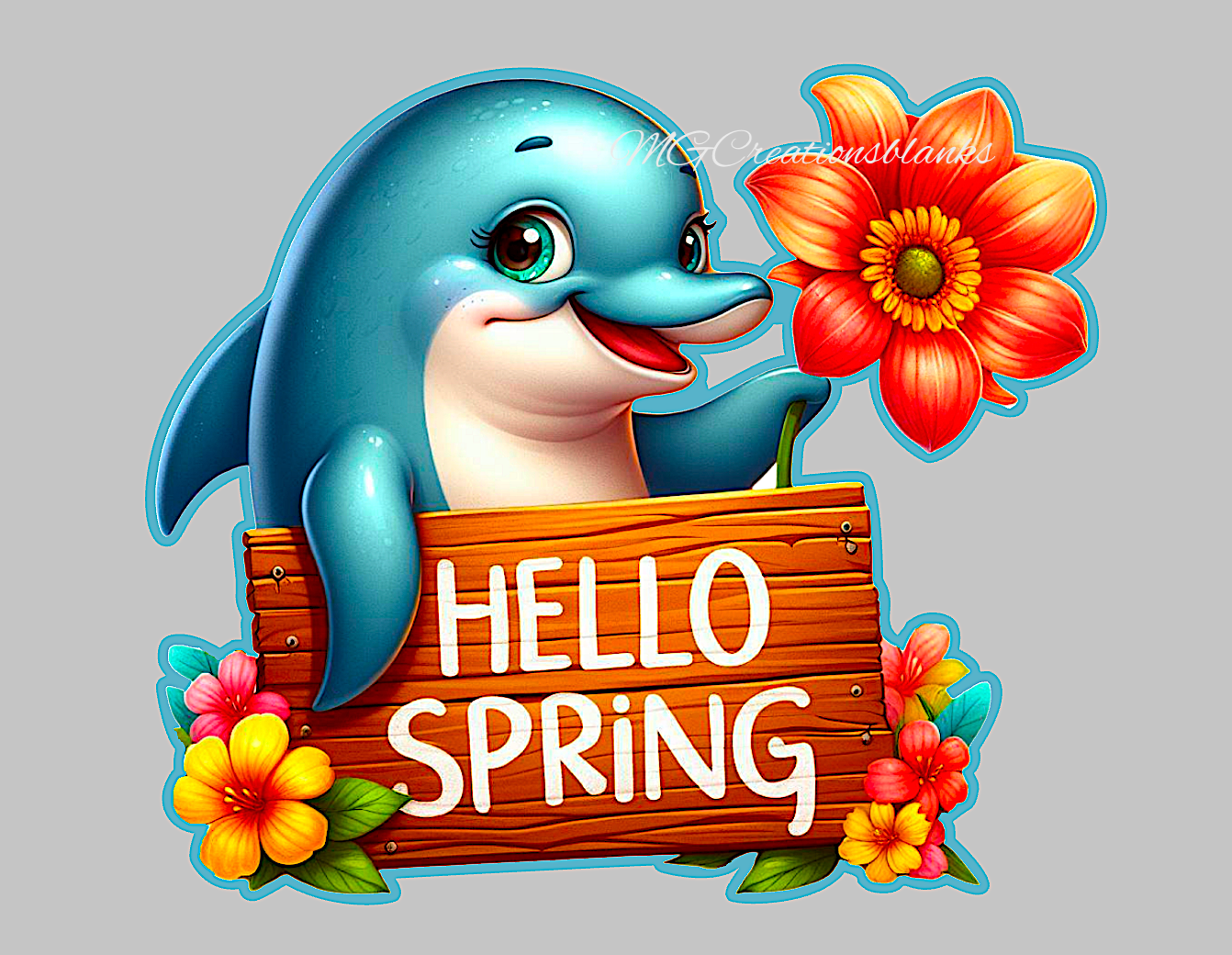 Hello spring dolphin acrylic blanks for badge reels & vinyl decal, spring acrylic blank, decal, spring vinyl decal, Spring clear cast acrylic, Hello Spring badge reel
