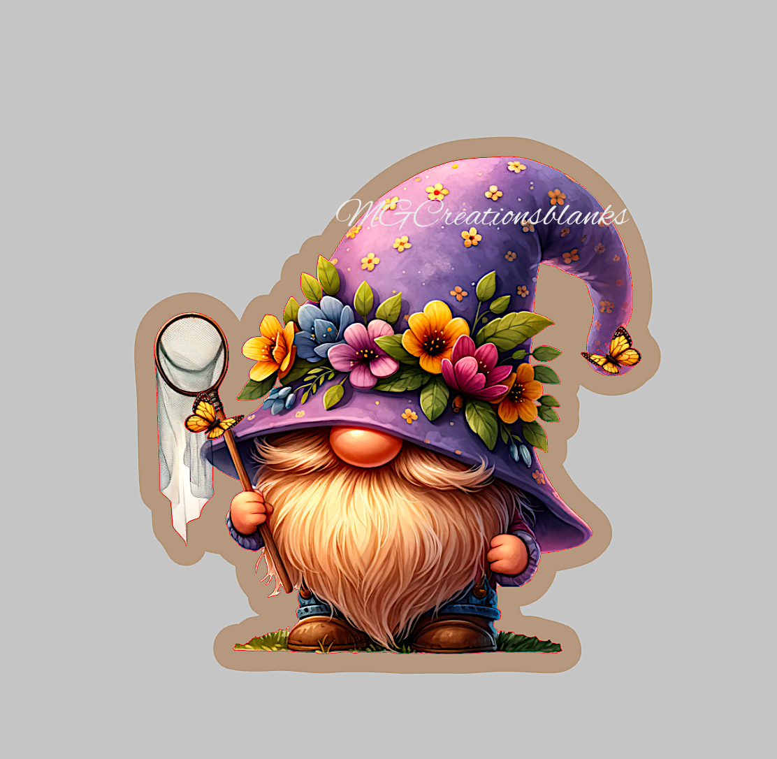Gnome with butterflies clear acrylic blank for badge reels with matching vinyl decal, gnome acrylic blank, spring gnome vinyl decal, summer gnome acrylic blank