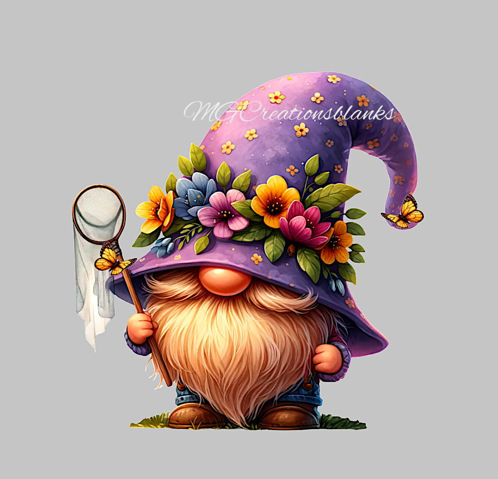 Gnome with butterflies clear acrylic blank for badge reels with matching vinyl decal, gnome acrylic blank, spring gnome vinyl decal, summer gnome acrylic blank