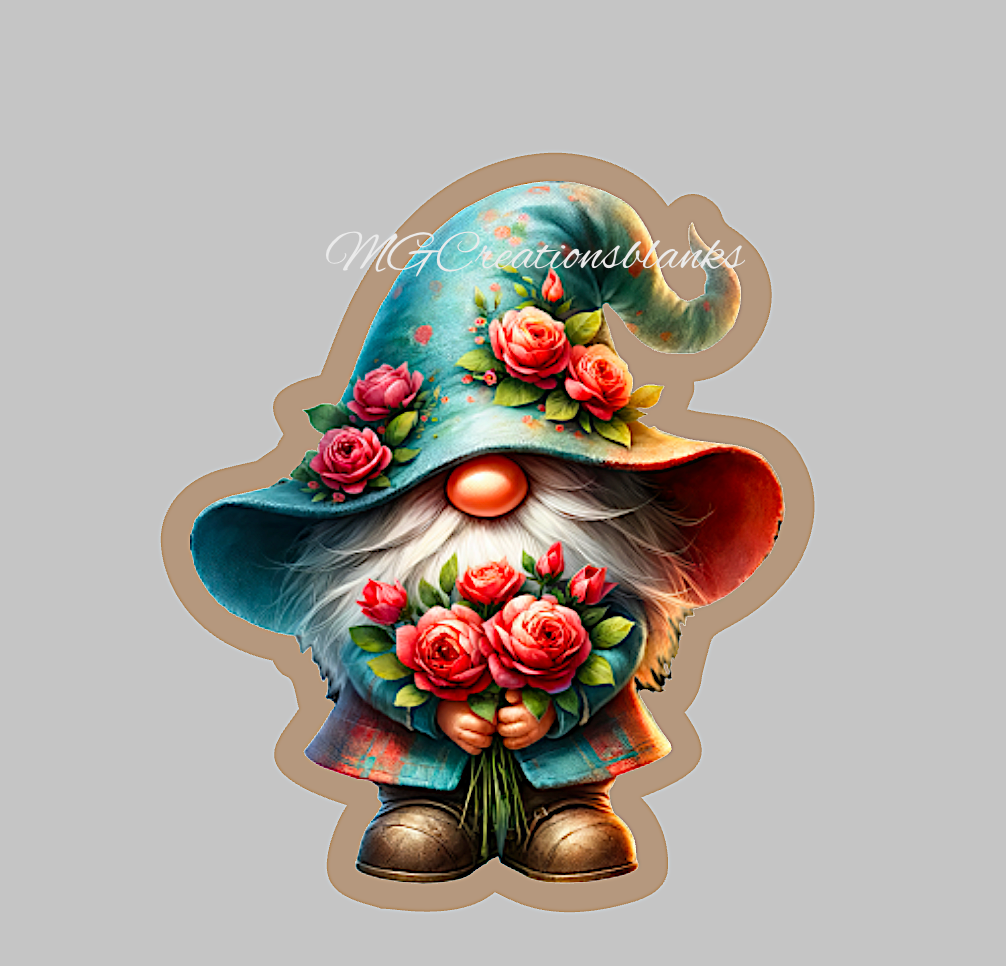 Gnome with roses clear acrylic blank for badge reels with matching vinyl decal, gnome acrylic blank, spring gnome vinyl decal, summer gnome acrylic blank