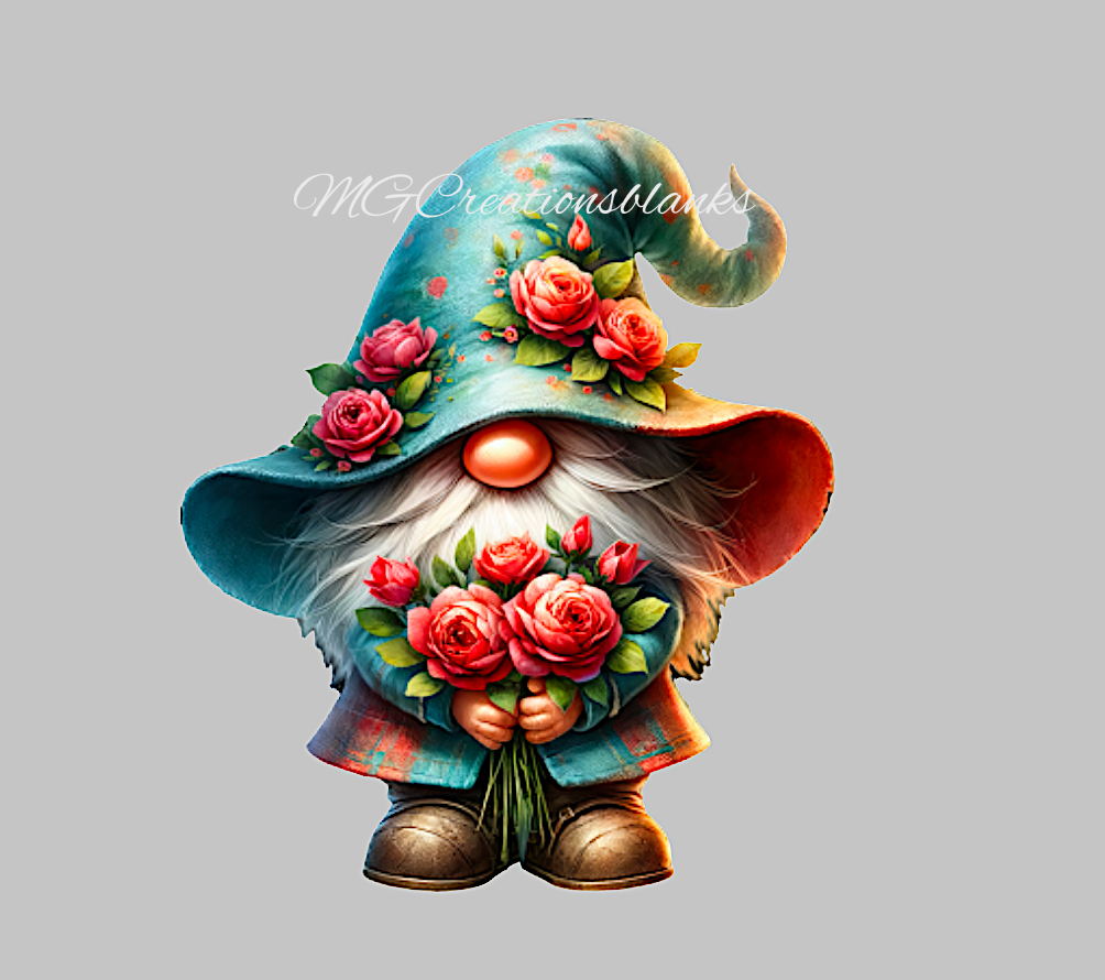 Gnome with roses clear acrylic blank for badge reels with matching vinyl decal, gnome acrylic blank, spring gnome vinyl decal, summer gnome acrylic blank