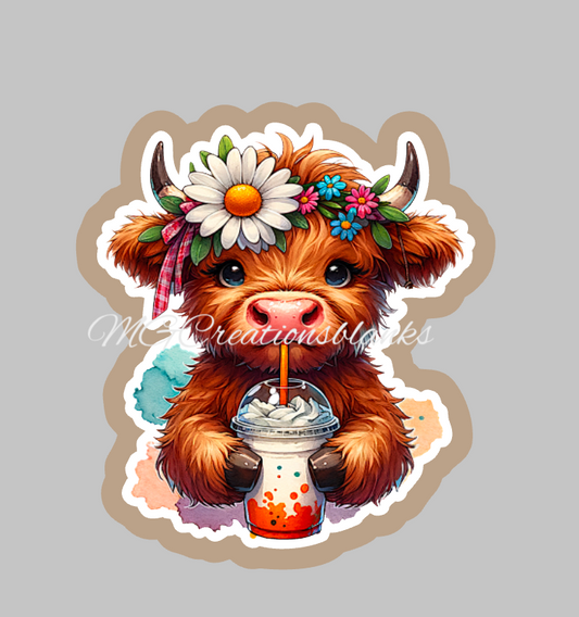 Highland cow with iced coffee clear acrylic blank for badge reel, coffee vinyl decal, but first coffee acrylic blank, coffee vinyl decal, coffee cast acrylic, coffee cup badge reel, cow acrylic blank