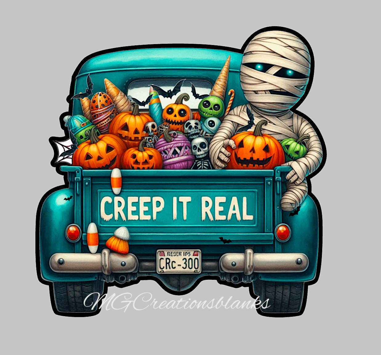 Creep it Halloween truck clear acrylic blanks for badge reels with matching vinyl decal, halloween acrylic blank, halloween vinyl decal, Halloween truck acrylic blank, Happy Halloween, creep it