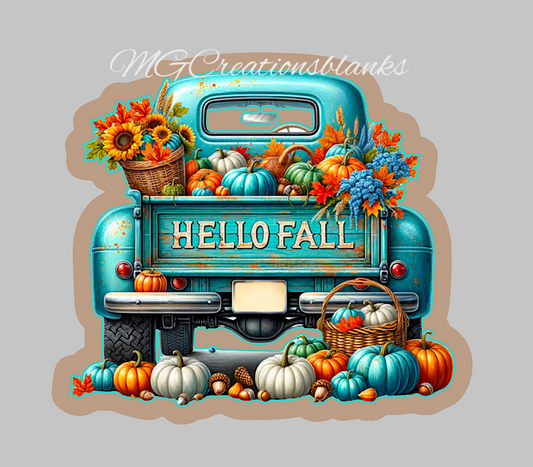 Hello Fall clear acrylic blanks for badge reels with matching vinyl decal,  pumpkin truck acrylic blank, hello fall vinyl decal, Fall acrylic blank
