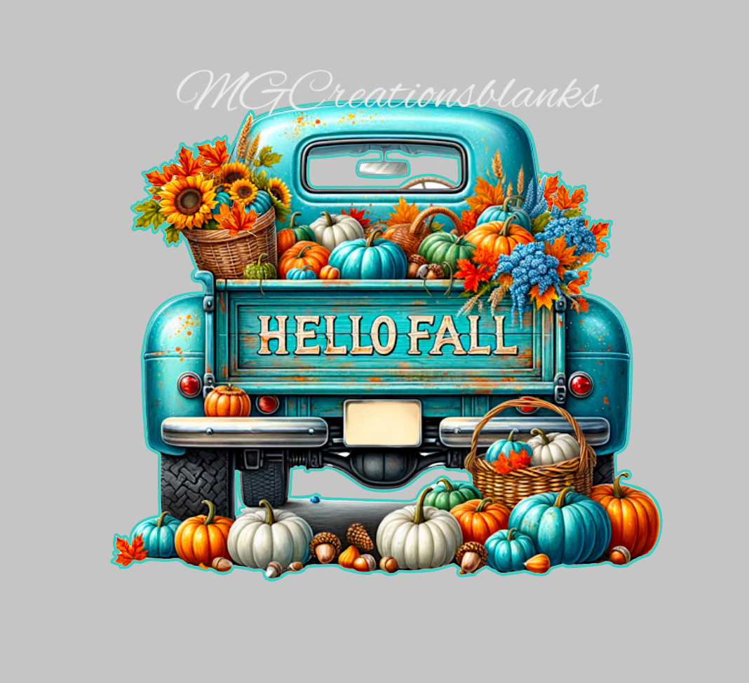 Hello Fall clear acrylic blanks for badge reels with matching vinyl decal, pumpkin truck acrylic blank, hello fall vinyl decal, Fall acrylic blank
