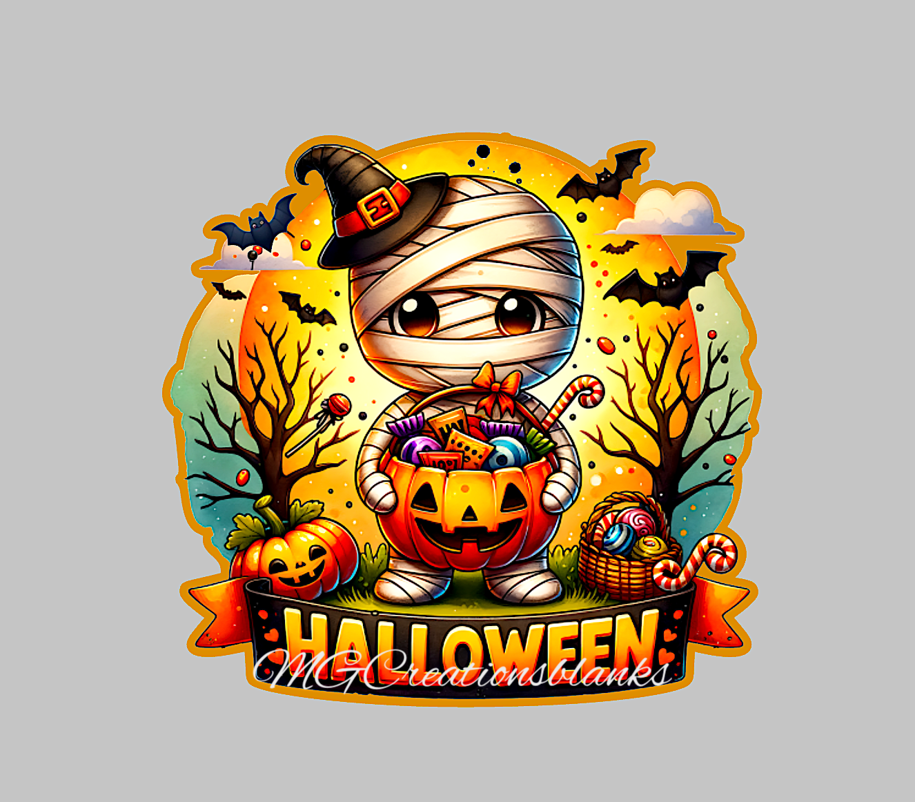 Halloween mummy clear acrylic blanks for badge reels with matching vinyl decal, happy halloween acrylic blank, halloween vinyl decal, Halloween mummy acrylic blank, Happy Halloween, mummy