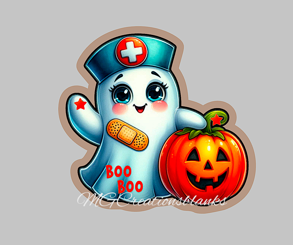 Halloween nurse clear acrylic blanks for badge reels with matching vinyl decal, spooky nurse acrylic blank, spooky nurse vinyl decal, Halloween spooky nurse acrylic blank, boo boo crew