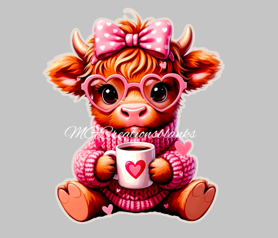 Valentine highland cow clear acrylic blank for badge reels with vinyl decal, Valentine coffee acrylic blank, Valentine highland cow DIY acrylic blank