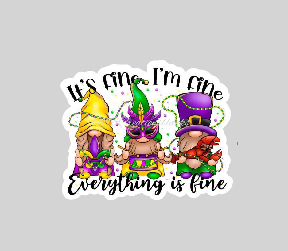 Mardi grass gnomes clear acrylic blanks for badge reels with matching vinyl decal, acrylic blank, decal, vinyl decal, Mardi gras gnomes acrylic blank, I'm fine, everything is fine