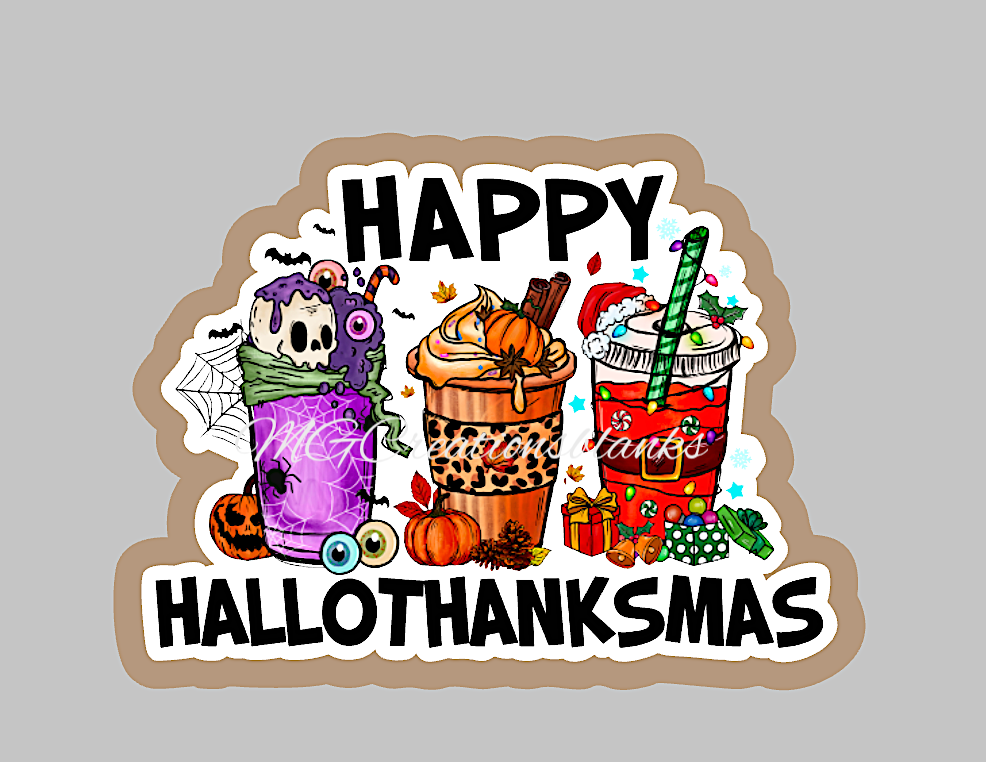 Hallothanksmas drinks clear acrylic blanks for badge reels with matching vinyl decal, acrylic blank, decal, vinyl decal, Halloween season acrylic blank, Halloween spooky season