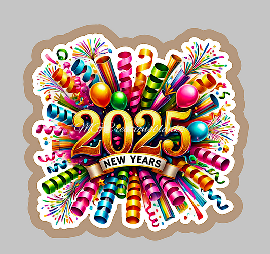 Happy New Year clear acrylic blank for badge reel with matching vinyl decal, acrylic blank, decal, vinyl decal, New Year decal, Happy New Year holiday acrylic, Happy New Year acrylic blank