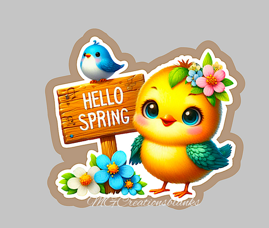 Hello spring chick acrylic blanks for badge reels & vinyl decal, spring acrylic blank, decal, spring vinyl decal, Spring clear cast acrylic, Hello Spring badge reel