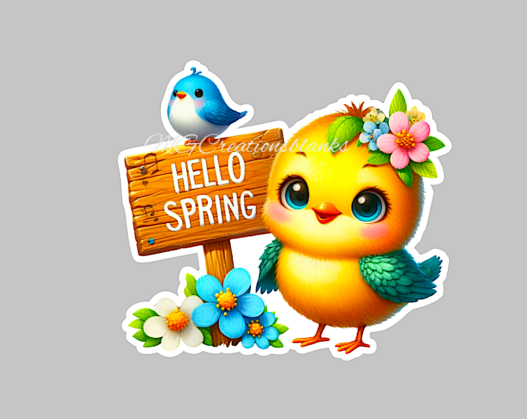 Hello spring chick acrylic blanks for badge reels & vinyl decal, spring acrylic blank, decal, spring vinyl decal, Spring clear cast acrylic, Hello Spring badge reel