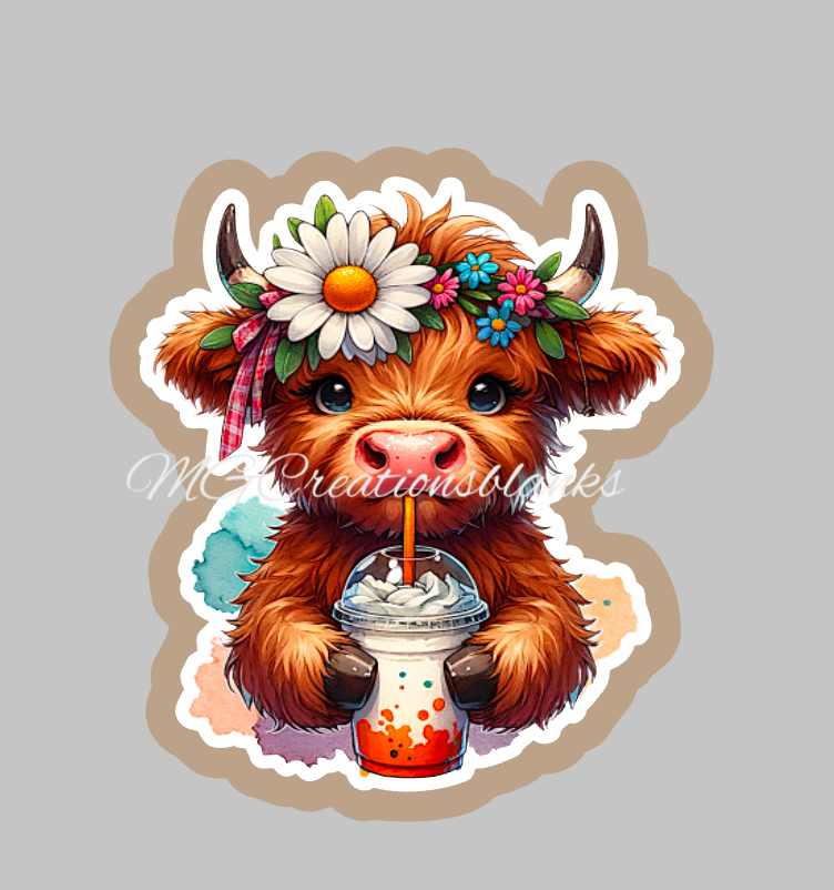 Highland cow with iced coffee clear acrylic blank for badge reel, coffee vinyl decal, but first coffee acrylic blank, coffee vinyl decal, coffee cast acrylic, coffee cup badge reel, cow acrylic blank