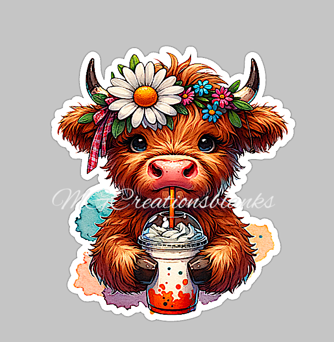 Highland cow with iced coffee clear acrylic blank for badge reel, coffee vinyl decal, but first coffee acrylic blank, coffee vinyl decal, coffee cast acrylic, coffee cup badge reel, cow acrylic blank