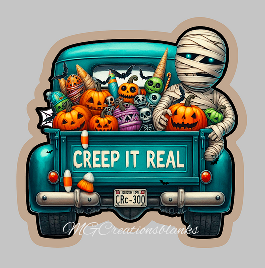 Creep it Halloween truck clear acrylic blanks for badge reels with matching vinyl decal, halloween acrylic blank, halloween vinyl decal, Halloween truck acrylic blank, Happy Halloween, creep it