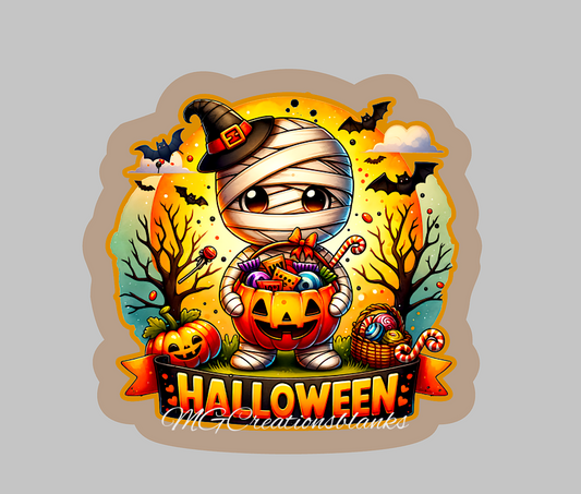 Halloween mummy clear acrylic blanks for badge reels with matching vinyl decal, happy halloween acrylic blank, halloween vinyl decal, Halloween mummy acrylic blank, Happy Halloween, mummy