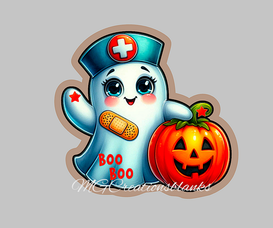 Halloween nurse clear acrylic blanks for badge reels with matching vinyl decal, spooky nurse acrylic blank, spooky nurse vinyl decal, Halloween spooky nurse acrylic blank, boo boo crew