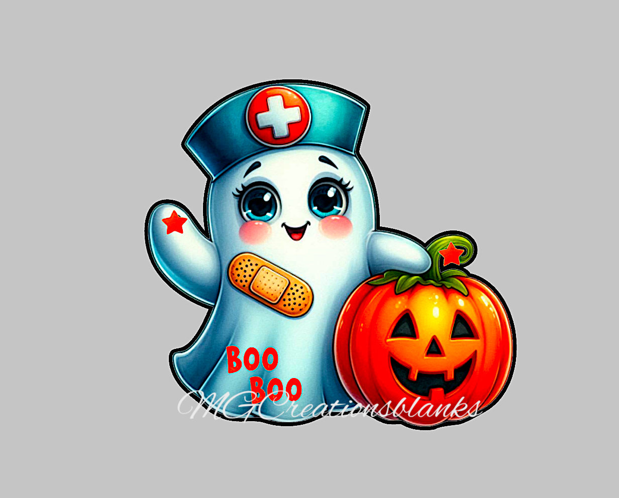 Halloween nurse clear acrylic blanks for badge reels with matching vinyl decal, spooky nurse acrylic blank, spooky nurse vinyl decal, Halloween spooky nurse acrylic blank, boo boo crew