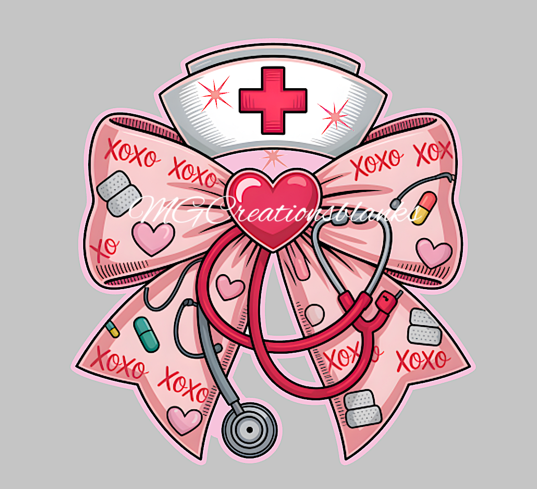 Valentine Nurse stethoscope clear acrylic blank for badge reels with vinyl decal, Valentine bow acrylic blank, Valentine nurse vinyl decal, Valentine Teacher acrylic blank, Stethos acrylic blanks