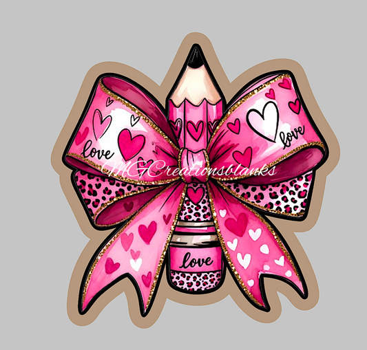 Teacher Valentine Pencil bow clear acrylic blank for badge reels with vinyl decal, Valentine teacher bow acrylic blank, Valentine Teacher vinyl decal, Valentine Teacher acrylic blank, Pencil acrylic blanks