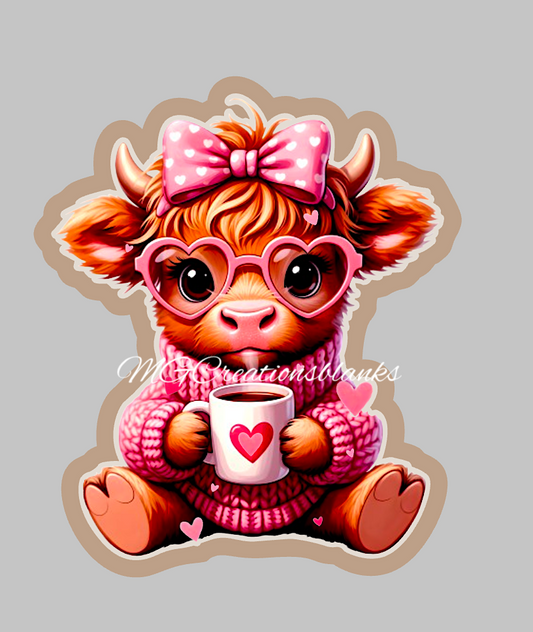 Valentine highland cow clear acrylic blank for badge reels with vinyl decal, Valentine coffee acrylic blank, Valentine highland cow DIY acrylic blank