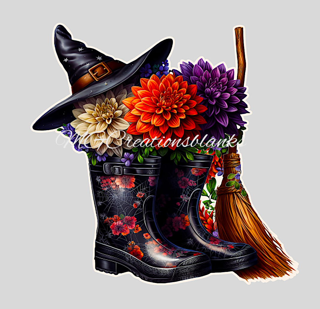 Halloween witch boots clear acrylic blanks for badge reels with vinyl decal, witch boots DIY craft blank, witch DIY decal, halloween floral boots acrylic blank, Halloween craft blank