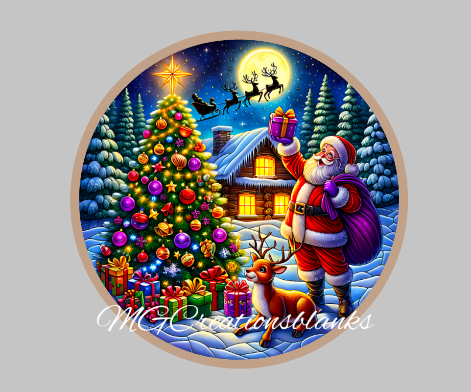 Christmas night clear acrylic blank for badge reel with vinyl decal, Stained glass Christmas tree acrylic blank, Stained glass Santa, Christmas snow globe decal, acrylic, Christmas night acrylic blank