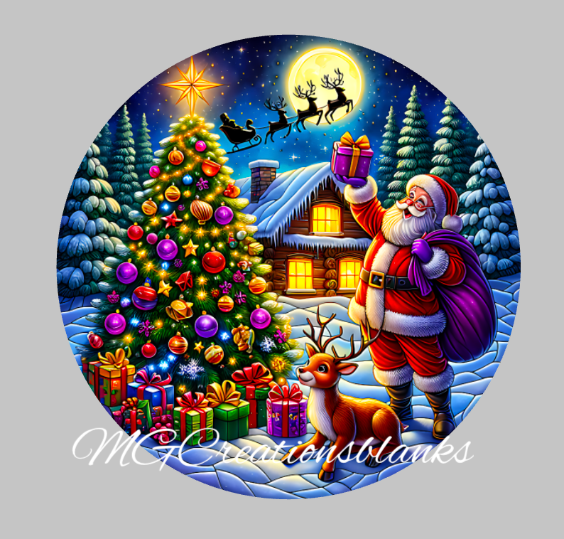 Christmas night clear acrylic blank for badge reel with vinyl decal, Stained glass Christmas tree acrylic blank, Stained glass Santa, Christmas snow globe decal, acrylic, Christmas night acrylic blank