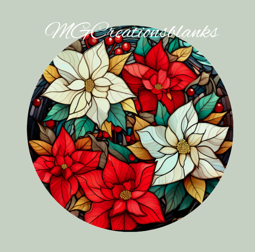 Poinsettia stained glass clear acrylic blank for badge reel with matching vinyl decal, acrylic blank, decal, vinyl decal, Poinsettia decal, acrylic, Poinsettia  acrylic blank